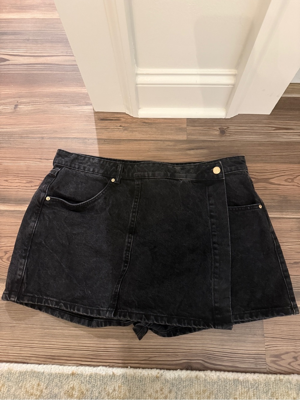 Zara Black Denim Skort with Front Panel and Pockets